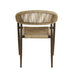 Front-facing back view bohemian faux wicker patio dining chair in walnut on a white background