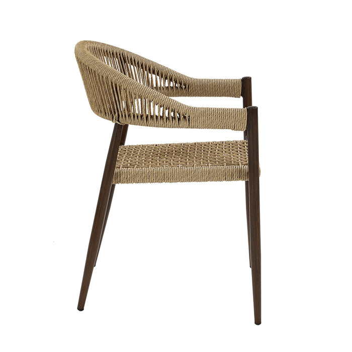 Front-facing side view bohemian faux wicker patio dining chair in walnut on a white background