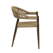 Front-facing side view bohemian faux wicker patio dining chair in walnut on a white background