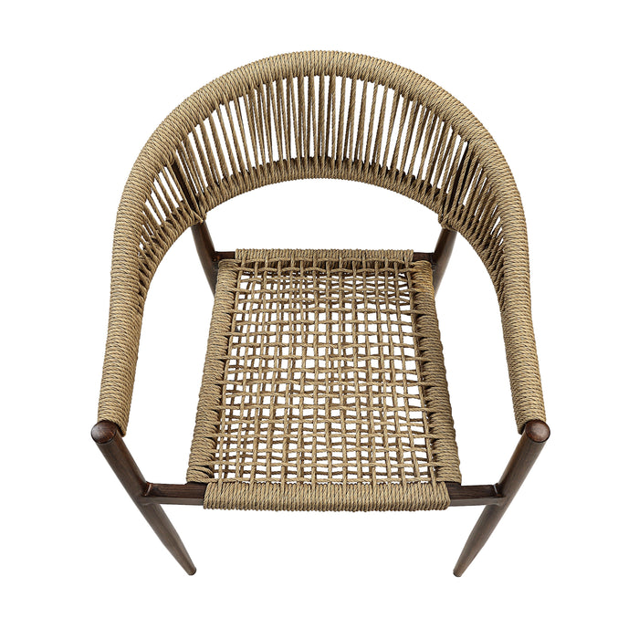 Front-facing top view bohemian faux wicker patio dining chair in walnut on a white background