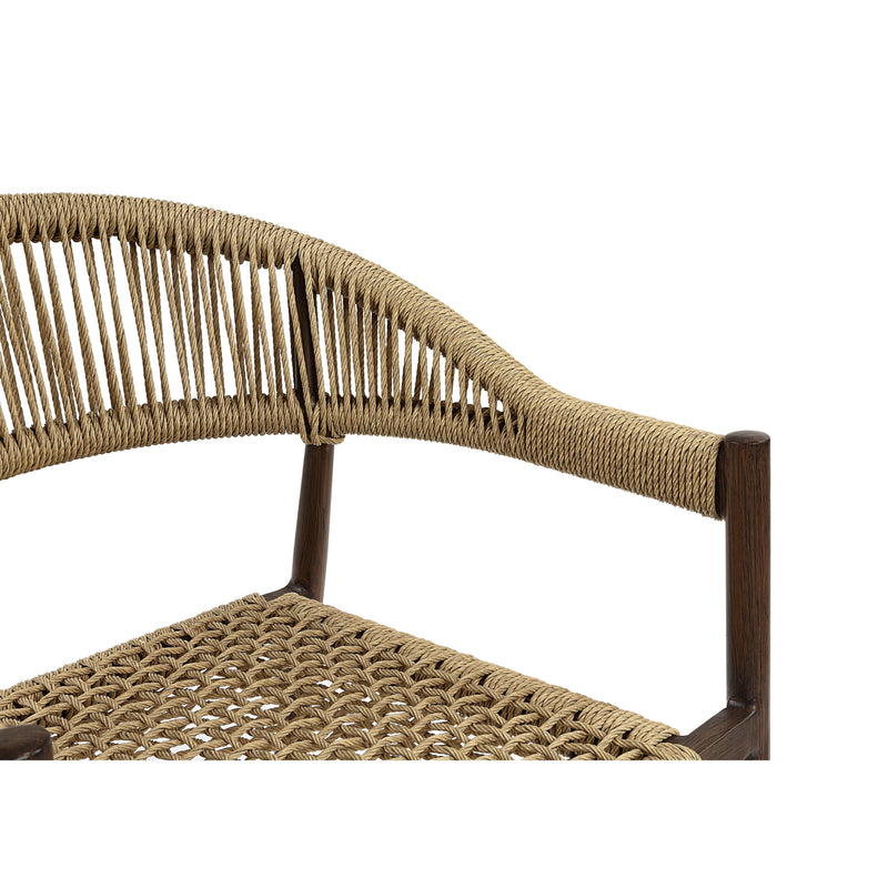 Right-angled close up bohemian faux wicker patio dining chair woven seat and back detail on a white background