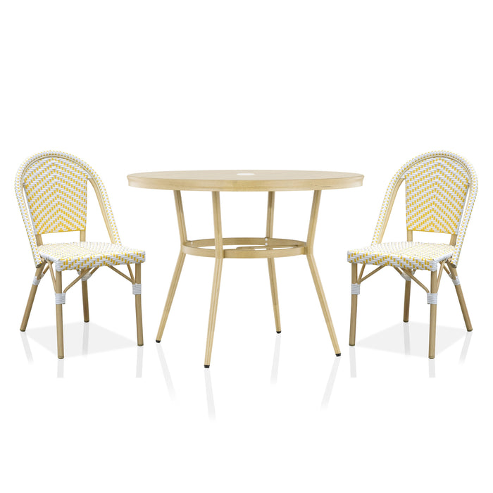 Natural tone and yellow wicker bistro set against a white background. The table features an umbrella hole and tapered legs that form an hourglass shape base. A chevron pattern wicker adds style to the set.