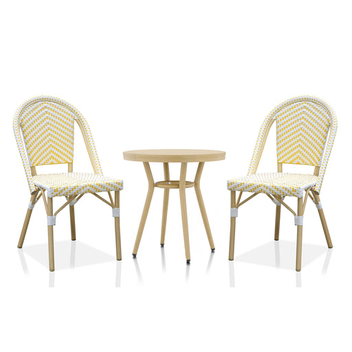 Natural tone and yellow wicker patio side table set against a white background. The table features a slatted tabltop and tapered legs that form an hourglass shape base. A chevron pattern wicker adds style to the set.