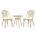 Natural tone and yellow wicker patio side table set against a white background. The table features a slatted tabltop and tapered legs that form an hourglass shape base. A chevron pattern wicker adds style to the set.