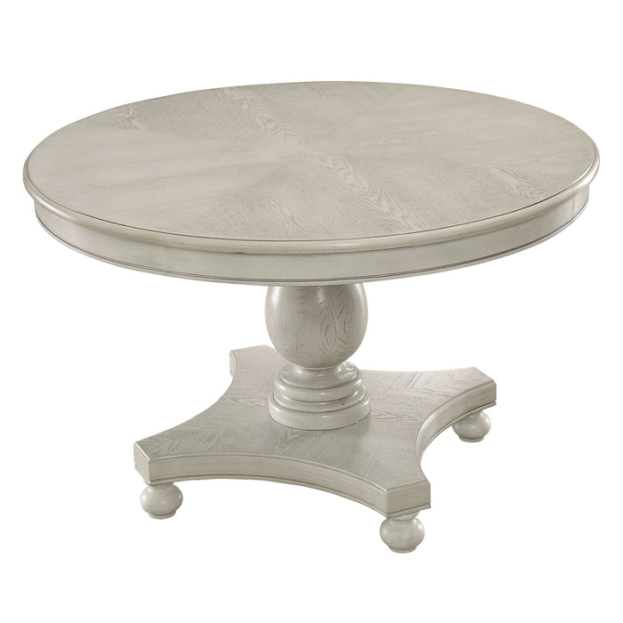 Right-angled traditional round antique white dining table on a white background