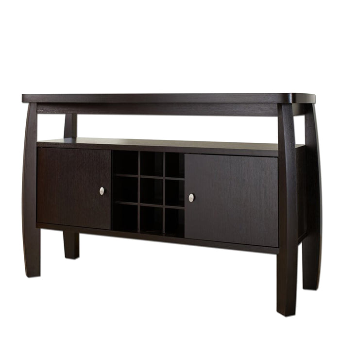 Left-angled espresso wine bar cabinet against a white background. An open shelf sits below the buffet top, while two cabinets flank a 9-slot wine rack. The entire piece is held up by cuved legs for a contemporary style.