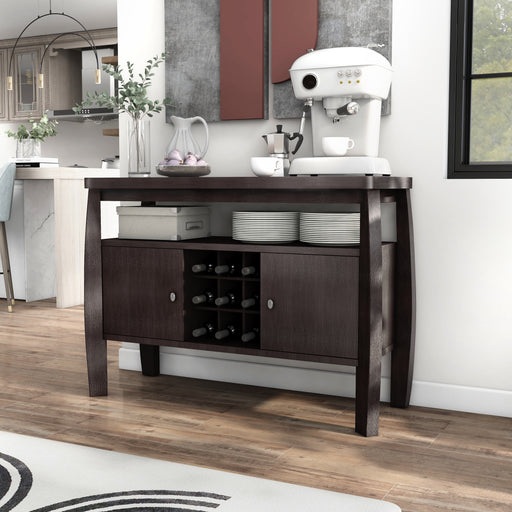 Left-angled espresso wine bar cabinet in a contemporary home. A coffee bar adorns the buffet top while plates sit on the open shelf.