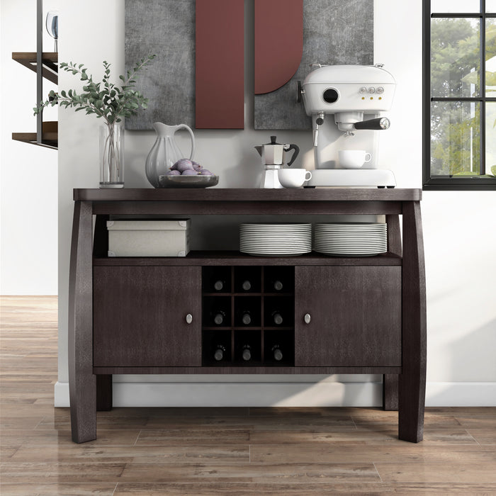 Front-facing espresso wine bar cabinet in a contemporary home. A coffee bar adorns the buffet top while plates sit on the open shelf.
