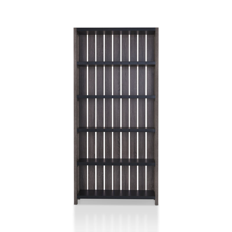 Jerome Distressed Gray and Black Slatted Closed Back 5-Shelf Bookcase