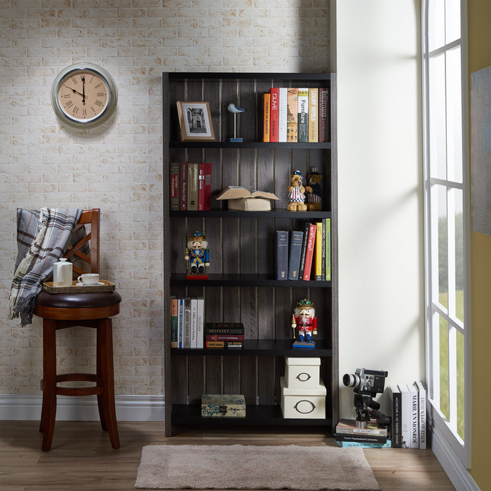 Jerome Distressed Gray and Black Slatted Closed Back 5-Shelf Bookcase