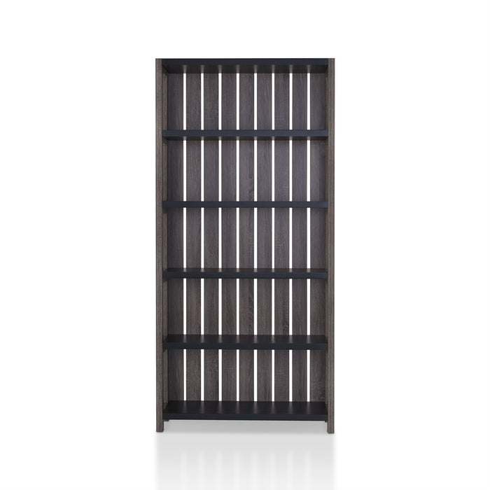 Jerome Distressed Gray and Black Slatted Closed Back 5-Shelf Bookcase