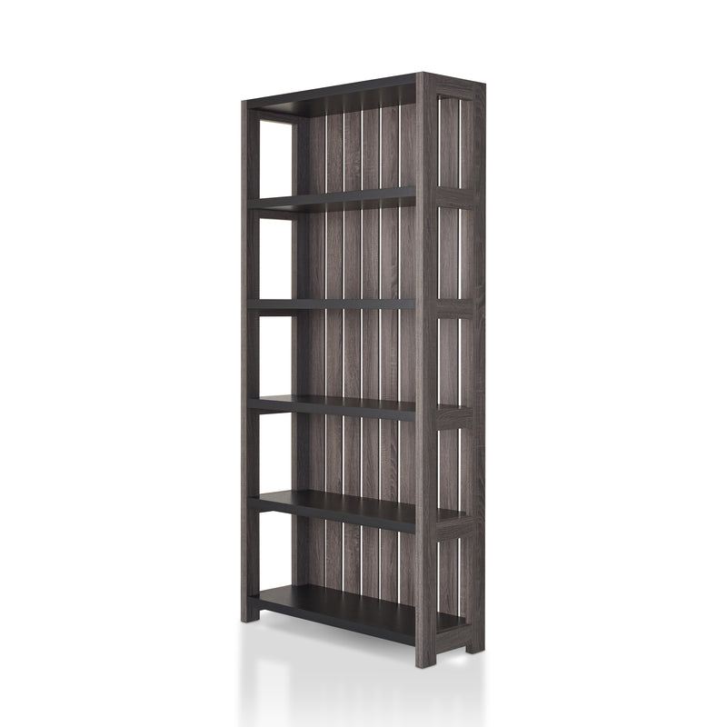 Jerome Distressed Gray and Black Slatted Closed Back 5-Shelf Bookcase