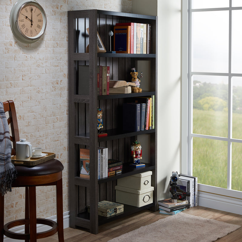 Jerome Distressed Gray and Black Slatted Closed Back 5-Shelf Bookcase