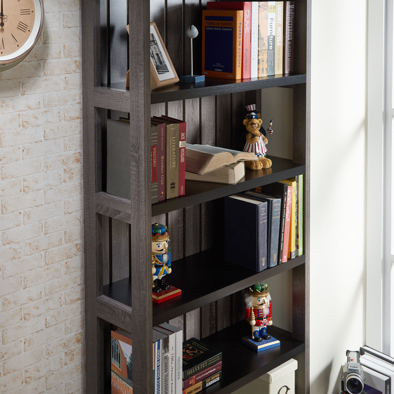 Jerome Distressed Gray and Black Slatted Closed Back 5-Shelf Bookcase