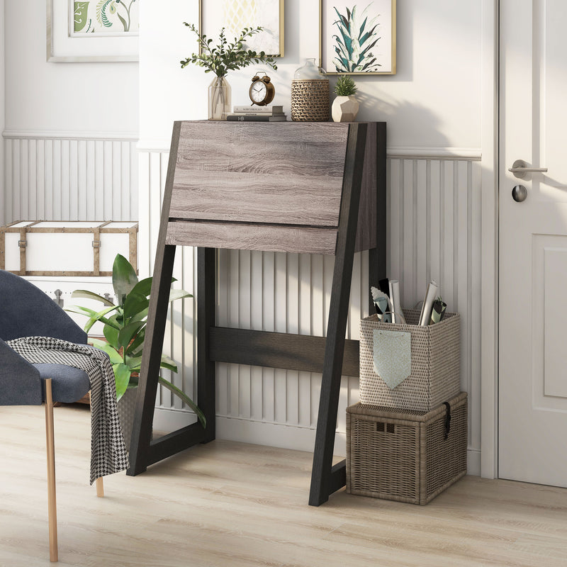 Left angled urban dark gey cabinet in a living area with accessories