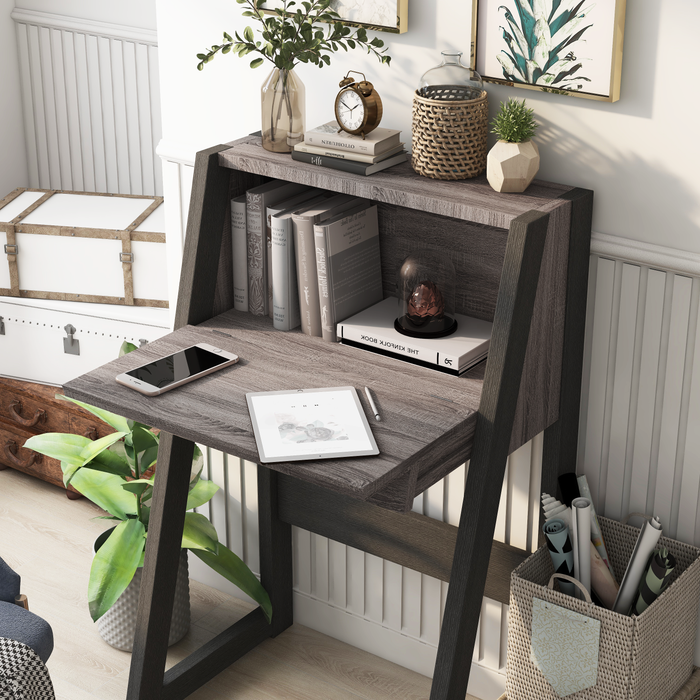 Left angled urban dark gey flip-down cabinet  in a living area with accessories