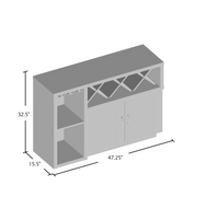 Line drawing for distressed taupe stemware and X-shaped wine rack cabinet on a white background with dimensions