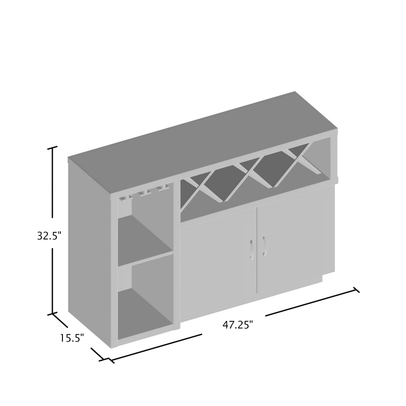 Line drawing for distressed taupe stemware and X-shaped wine rack cabinet on a white background with dimensions
