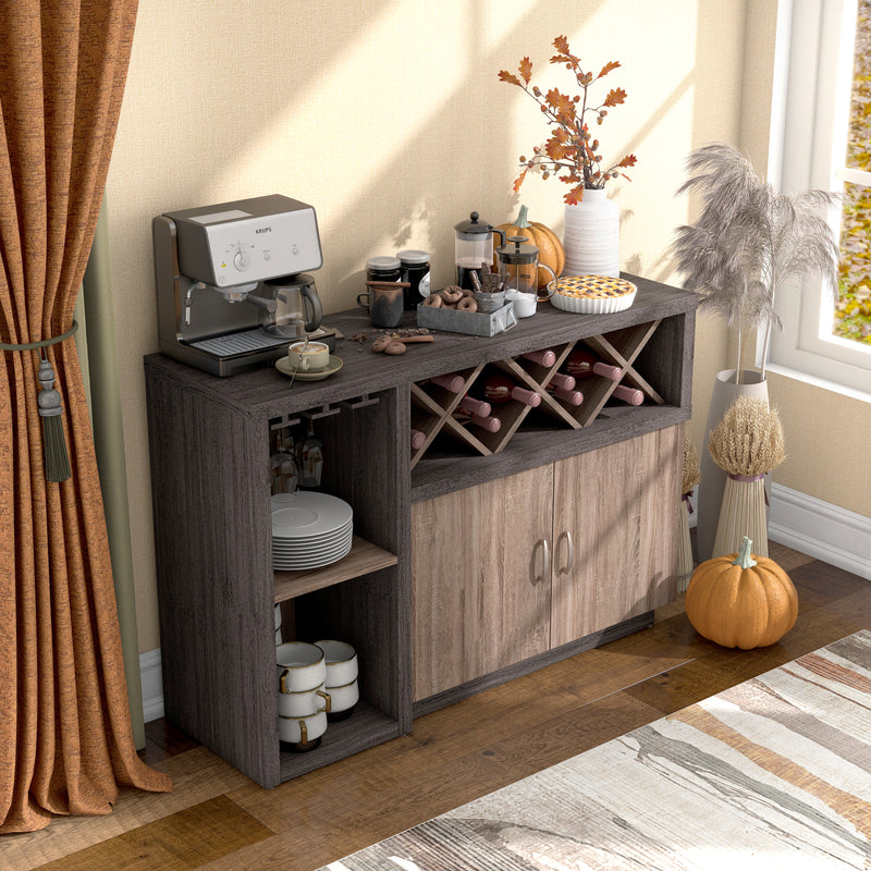 Right-angled  distressed taupe stemware and X-shaped wine rack cabinet in a living room with accessories