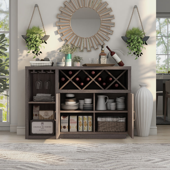 Front-facing distressed taupe stemware and X-shaped wine rack cabinet in a living room with accessories