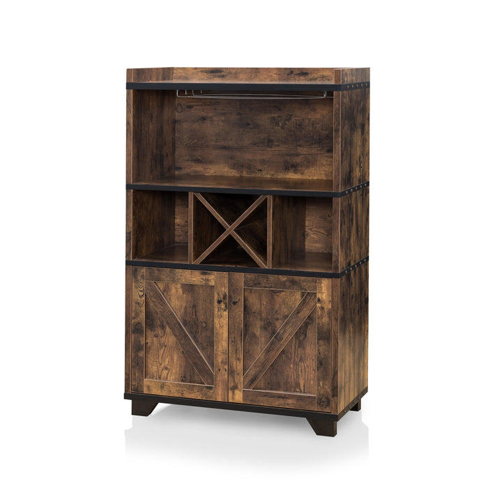 Left-angled distressed wood wine bar cabinet against a white background. Two hanging stemware racks, an X wine rack and barndoor cabinets create a rustic look.