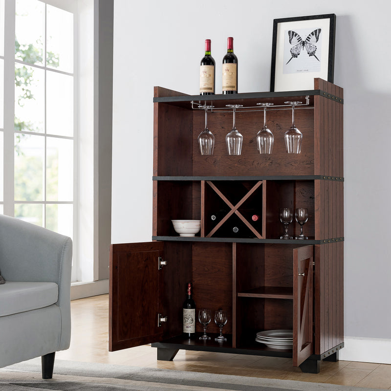 Gainesville Vintage Walnut Bolt Trim Barn-Style Wine Cabinet