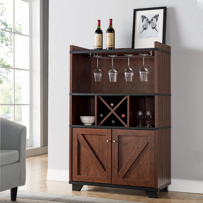 Gainesville Vintage Walnut Bolt Trim Barn-Style Wine Cabinet