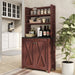 Right-angled view of farmhouse Vintage Walnut finish MDF and metal bakers rack in living space with accessories