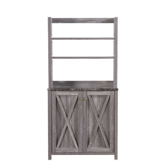 Front-facing view of farmhouse Dark Gray finish MDF and metal bakers rack in living space on a white background