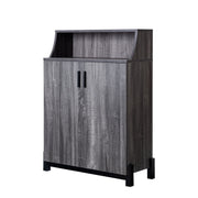 Angled right-facing view of contemporary distressed gray finish MDF shoe cabinet on white background