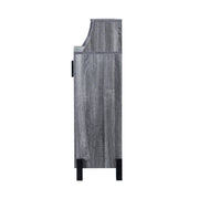 Side-facing view of contemporary distressed gray finish MDF shoe cabinet on white background