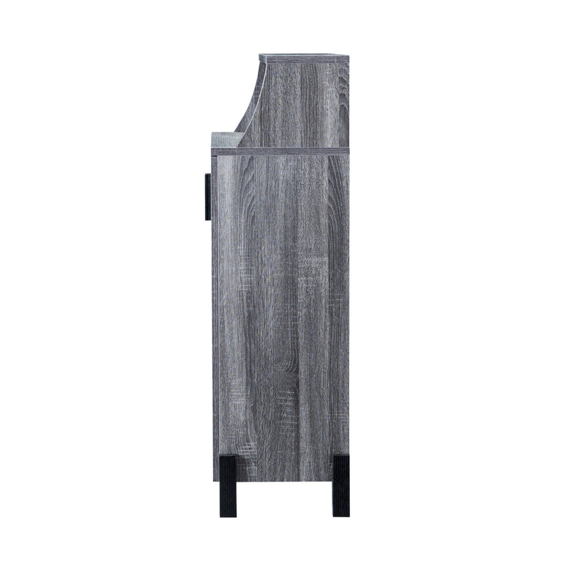 Side-facing view of contemporary distressed gray finish MDF shoe cabinet on white background