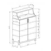 Angled view of measurements of contemporary distressed gray finish MDF shoe cabinet on white background