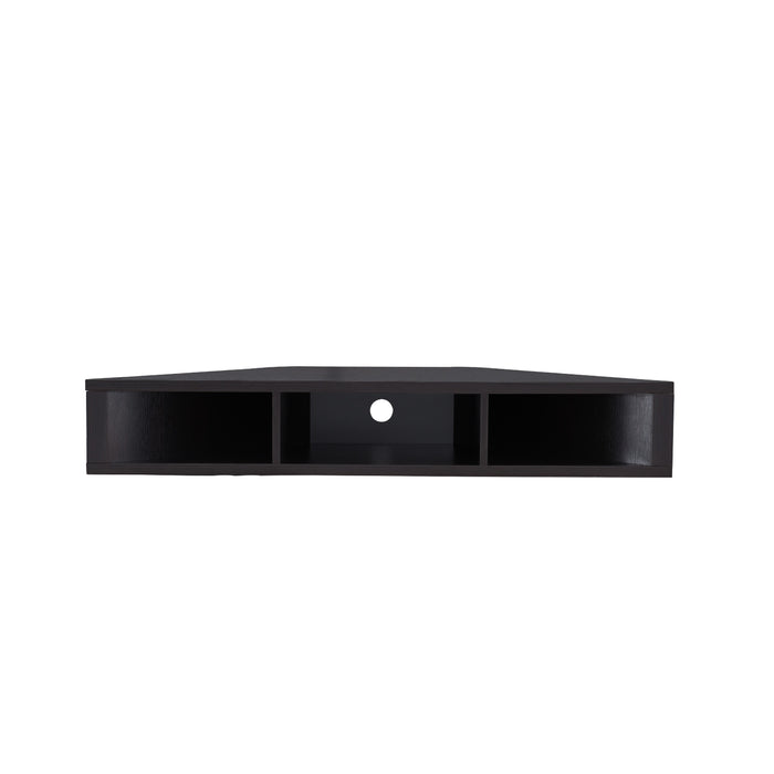 Front-facing modern cappuccino floating corner TV stand on a white background