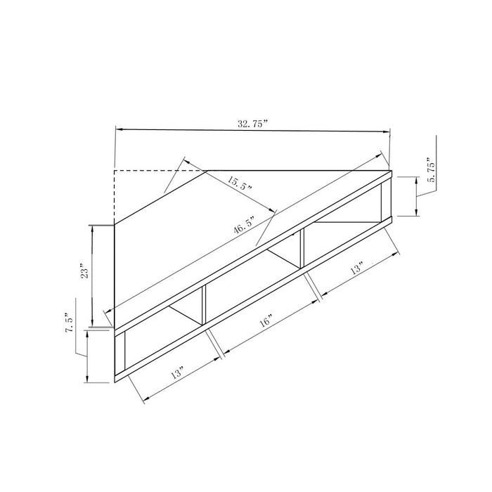 Line drawing for modern cappuccino floating corner TV stand on a white background with dimensions