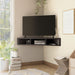 Left-angled modern cappuccino floating corner TV stand in a living area with accessories