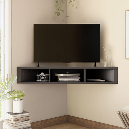 Front-facing modern cappuccino floating corner TV stand in a living area with accessories