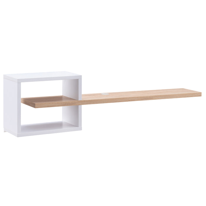 Angled view of modern white and natural finish geometric floating TV stand on white background