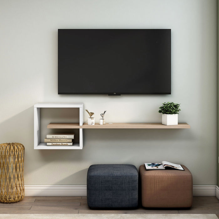 Front-facing view of modern white and natural finish geometric floating TV stand