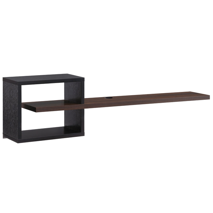Angled view of modern dark walnut and black finish geometric floating TV stand on white background