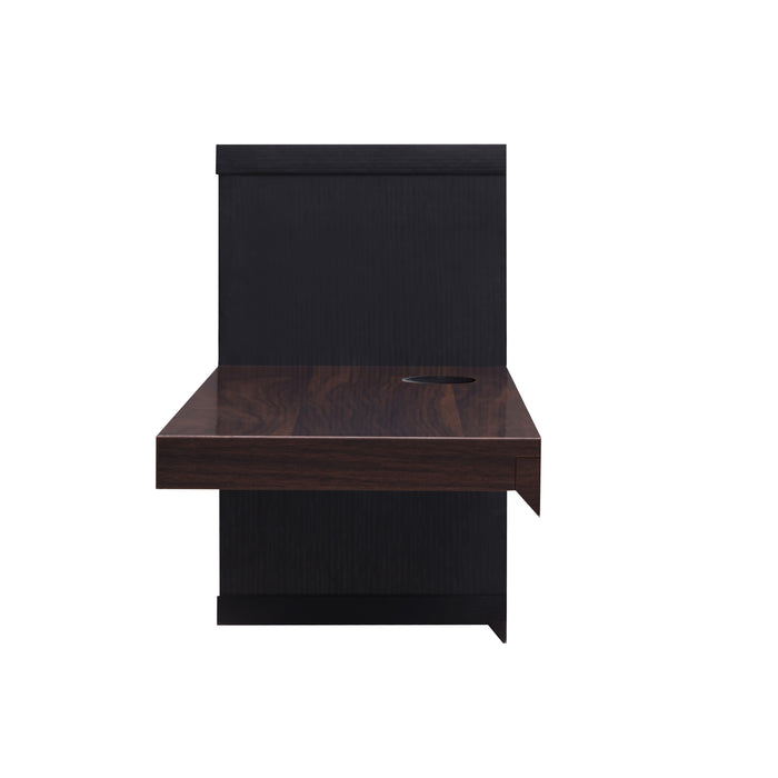 Side-facing view of modern dark walnut and black finish geometric floating TV stand on white background