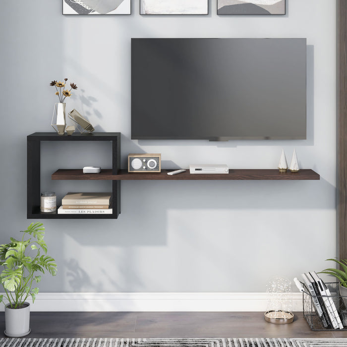 Front-facing view of modern dark walnut and black finish geometric floating TV stand