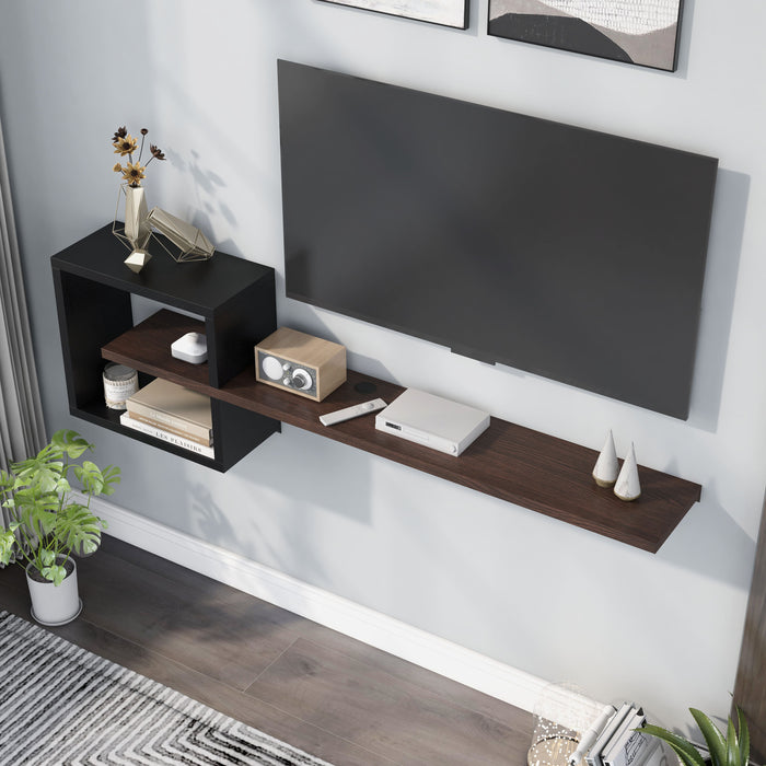 Angled view of modern dark walnut and black finish geometric floating TV stand