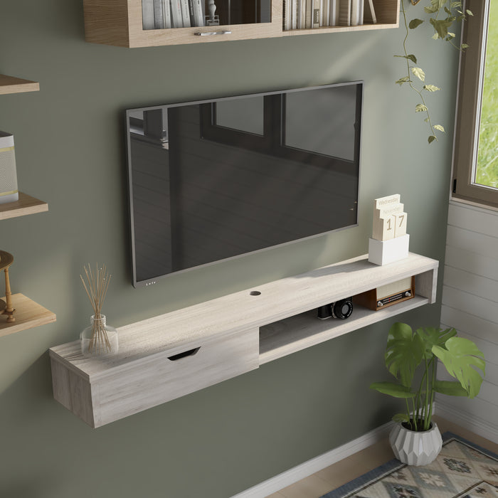 Angled left-facing view of modern white oak finish MDF TV console with drawer on white background