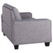 Right-angled back view contemporary gray upholstered loveseat with tufted back cushions and wide track arms on a white background