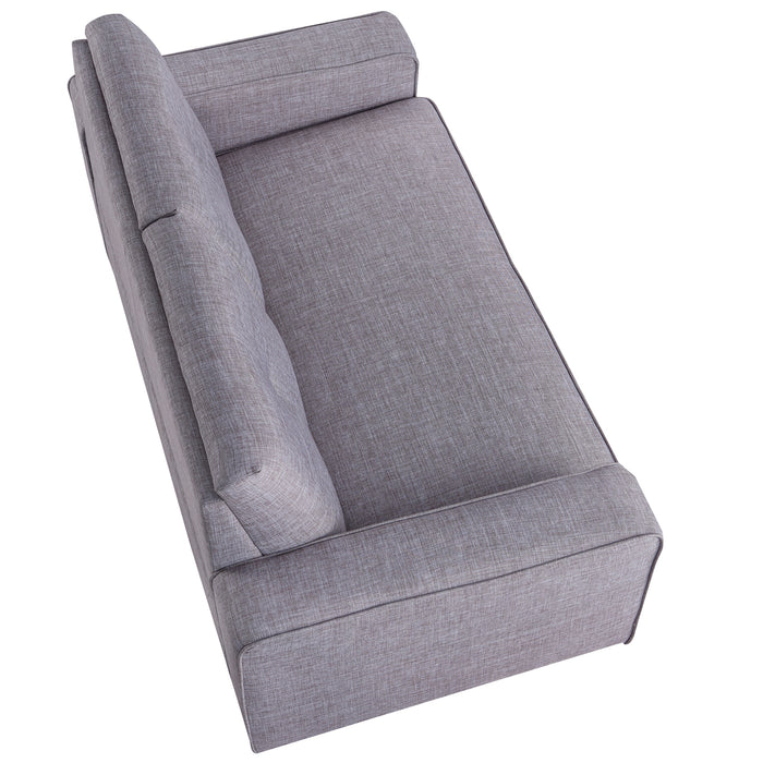 Right-angled top view contemporary gray upholstered loveseat with tufted back cushions and wide track arms on a white background