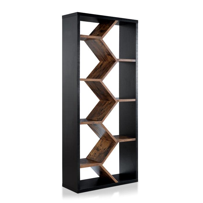Angled left-facing view of contemporary geometric black and dark walnut finish bookcase on white background