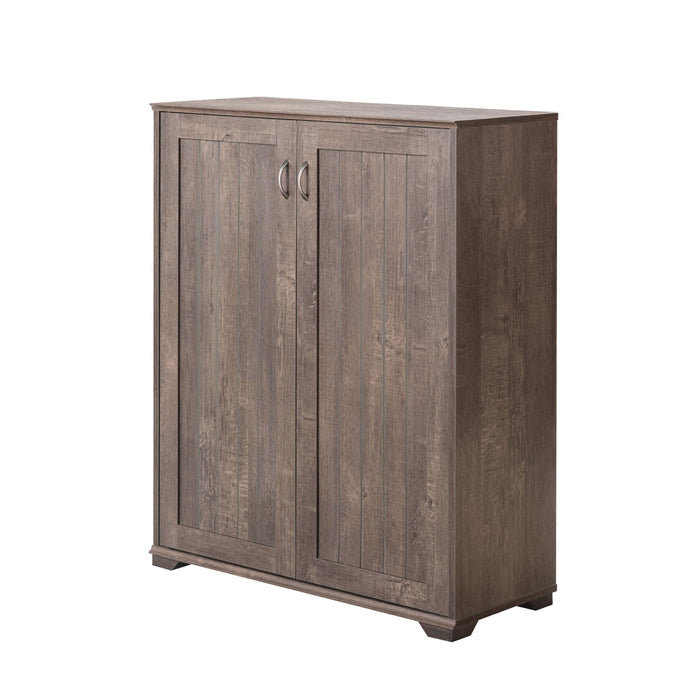 Angled right-side facing view of contemporary walnut oak finish shoe cabinet on white background