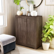 Angled right-side facing view of contemporary walnut oak finish shoe cabinet in living space with accessories