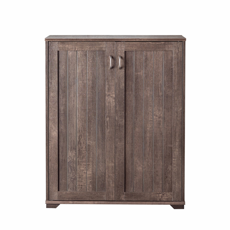 Front-facing view of contemporary walnut oak finish shoe cabinet on white background